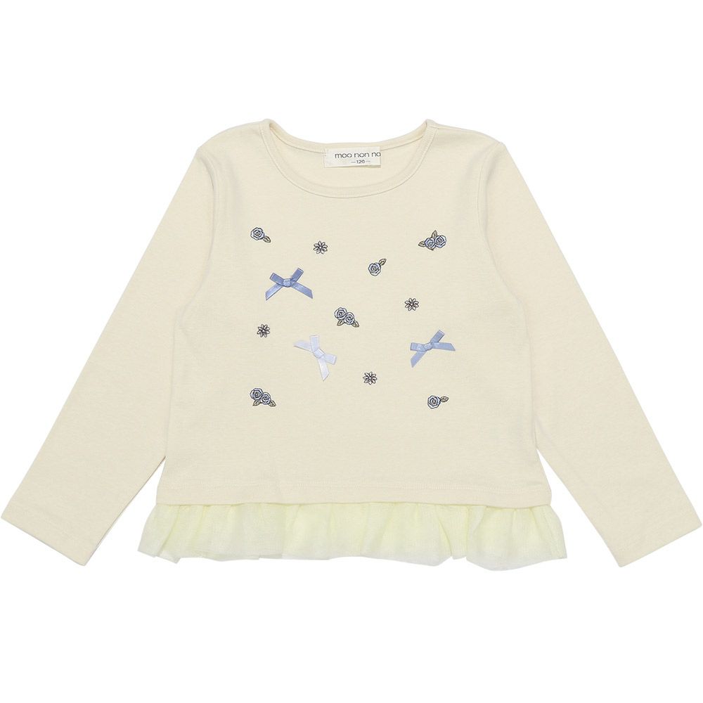 子供服 女の子 バラ お花 ＆ リボン 刺繍 裾フリル Tシャツ アイボリー(12) 正面