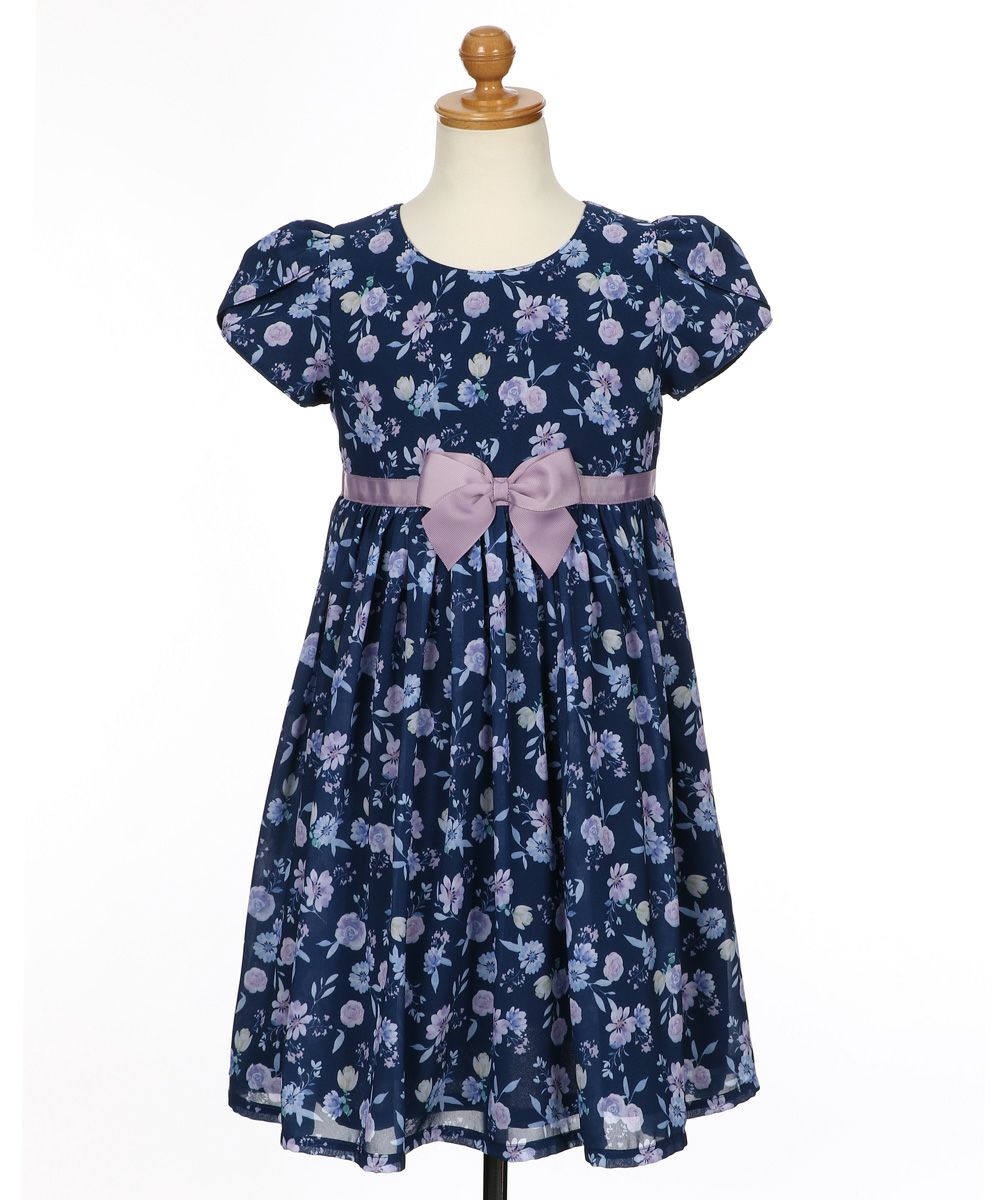 子供服 女の子 オリジナル 花柄 チューリップ袖 ワンピース ネイビー(06) トルソー正面