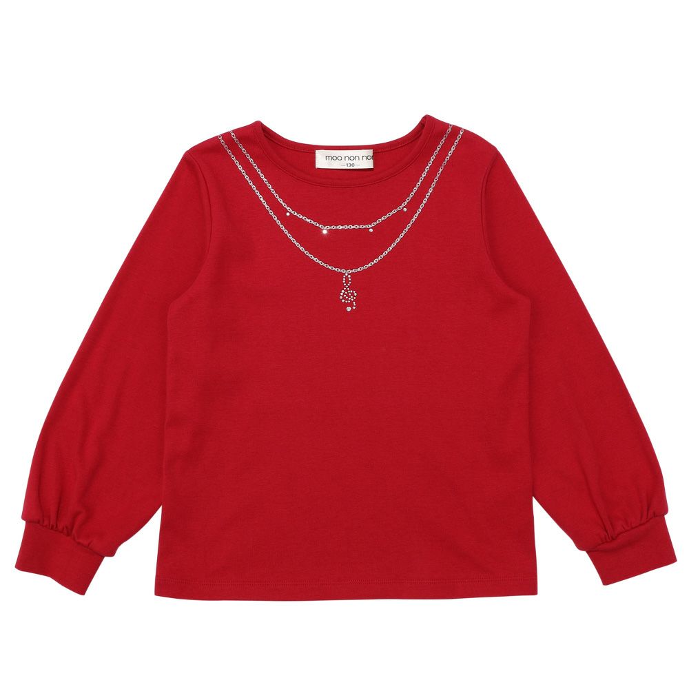 子供服 女の子 ネックレス風 きらきら プリント音符 ラインストーン Tシャツ レッド(03) 正面
