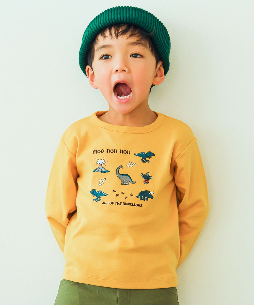 ベビー服 男の子 ロゴ 恐竜 刺繍 くすみカラー かっこいい おしゃれ ティーシャツ トドラー キッズ イエロー(04) モデル画像アップ
