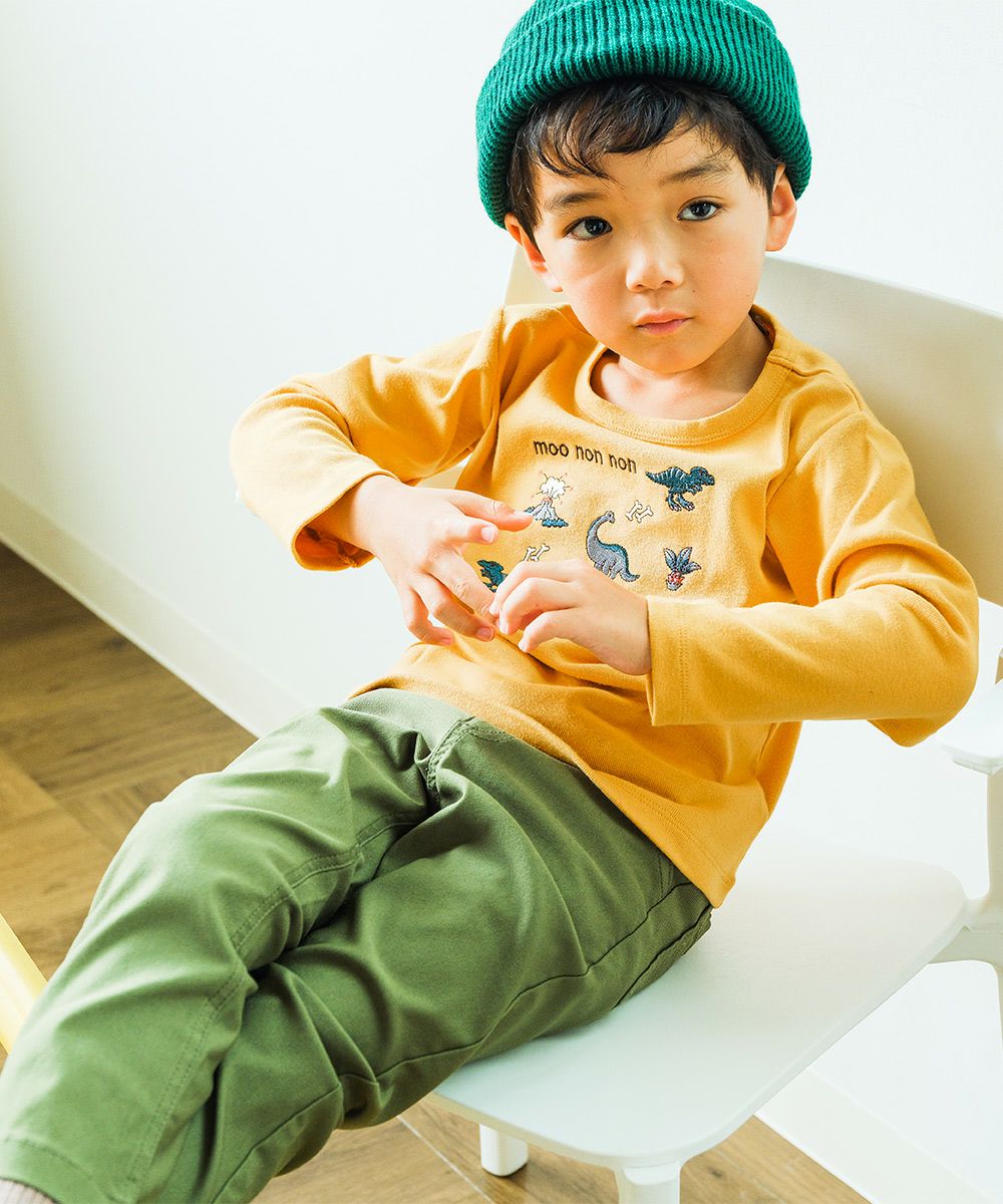 ベビー服 男の子 ロゴ 恐竜 刺繍 くすみカラー かっこいい おしゃれ ティーシャツ トドラー キッズ イエロー(04) モデル画像全身