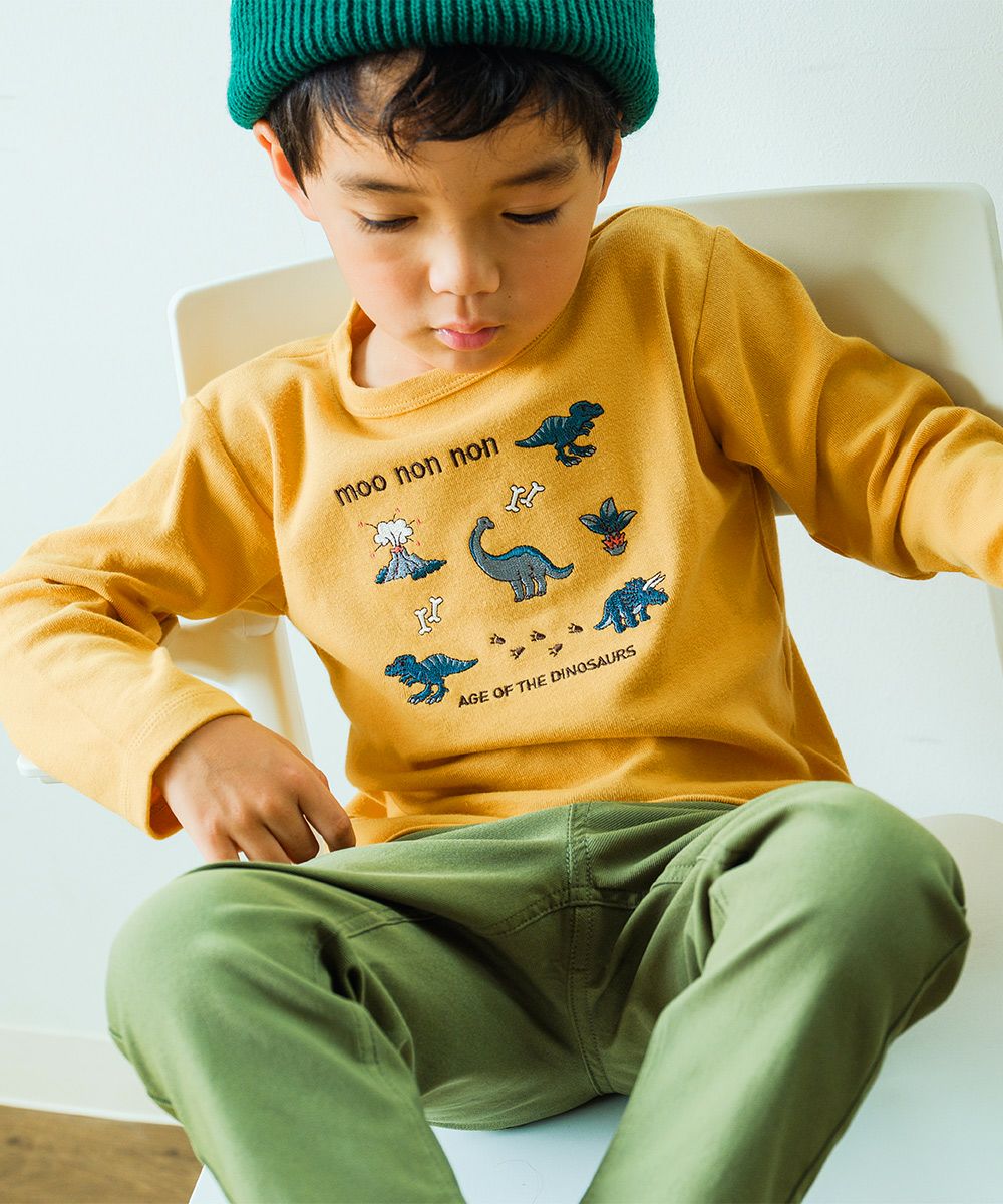ベビー服 男の子 ロゴ 恐竜 刺繍 くすみカラー かっこいい おしゃれ ティーシャツ トドラー キッズ イエロー(04) モデル画像1