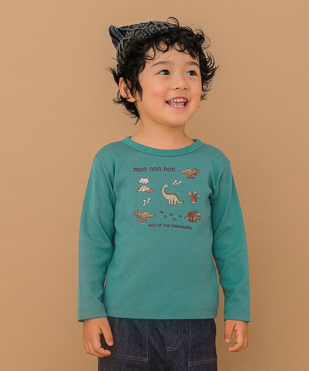 ベビー服 男の子 ロゴ 恐竜 刺繍 くすみカラー かっこいい おしゃれ ティーシャツ トドラー キッズ グリーン(08) モデル画像アップ