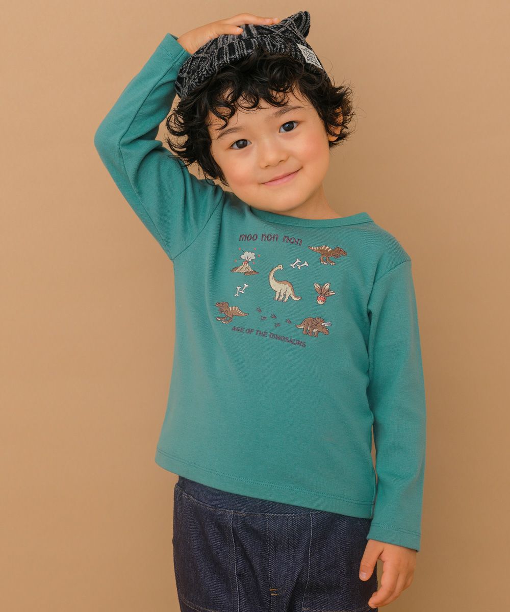 ベビー服 男の子 ロゴ 恐竜 刺繍 くすみカラー かっこいい おしゃれ ティーシャツ トドラー キッズ グリーン(08) モデル画像全身