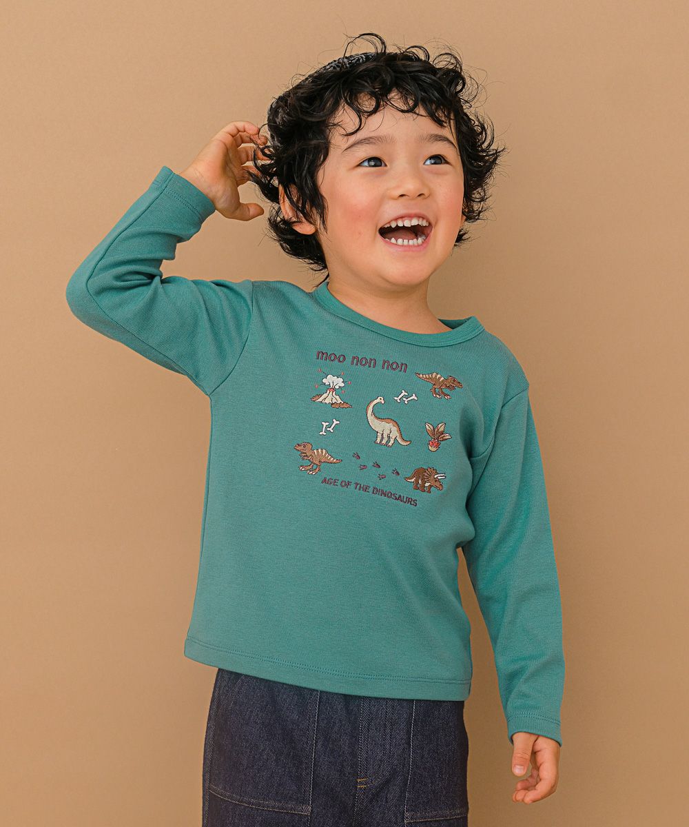 ベビー服 男の子 ロゴ 恐竜 刺繍 くすみカラー かっこいい おしゃれ ティーシャツ トドラー キッズ グリーン(08) モデル画像1