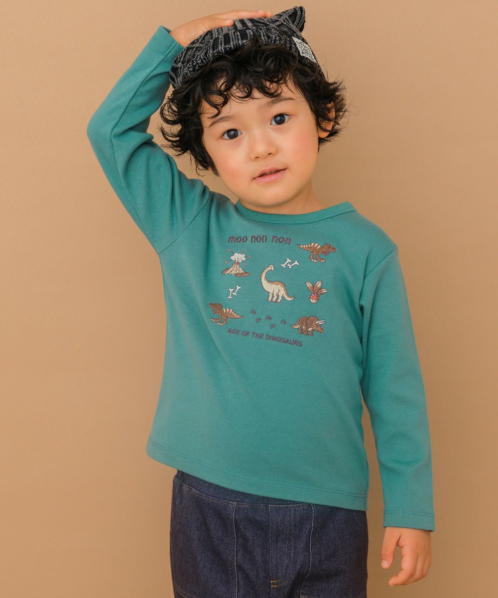 ベビー服 男の子 ロゴ 恐竜 刺繍 くすみカラー かっこいい おしゃれ ティーシャツ トドラー キッズ グリーン(08) モデル画像3