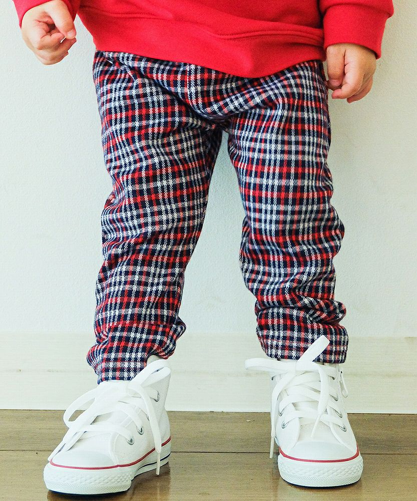 ベビー服 男の子 チェック柄10分丈パンツ　レッド　モデル1