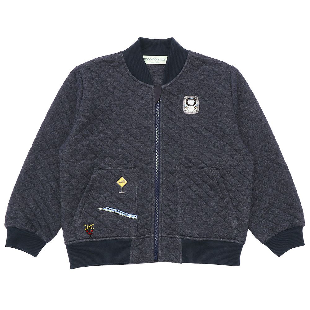 ベビー服 男の子 電車乗り物ワッペン キルティング　パーカージャケット ネイビー(06) 正面