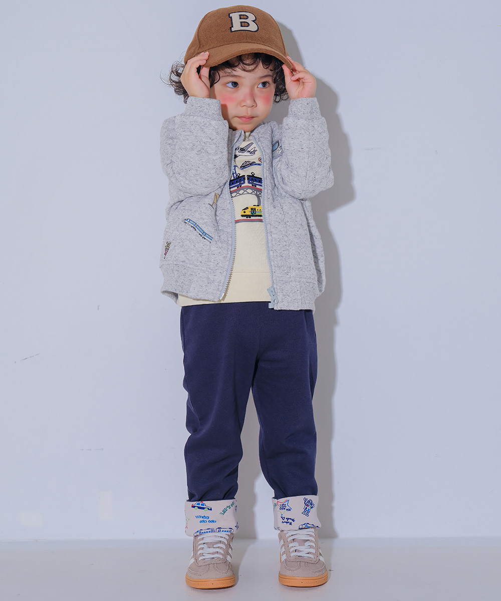 ベビー服 男の子 電車乗り物ワッペン キルティング　パーカージャケット 杢ｸﾞﾚｰ(92) モデル画像全身