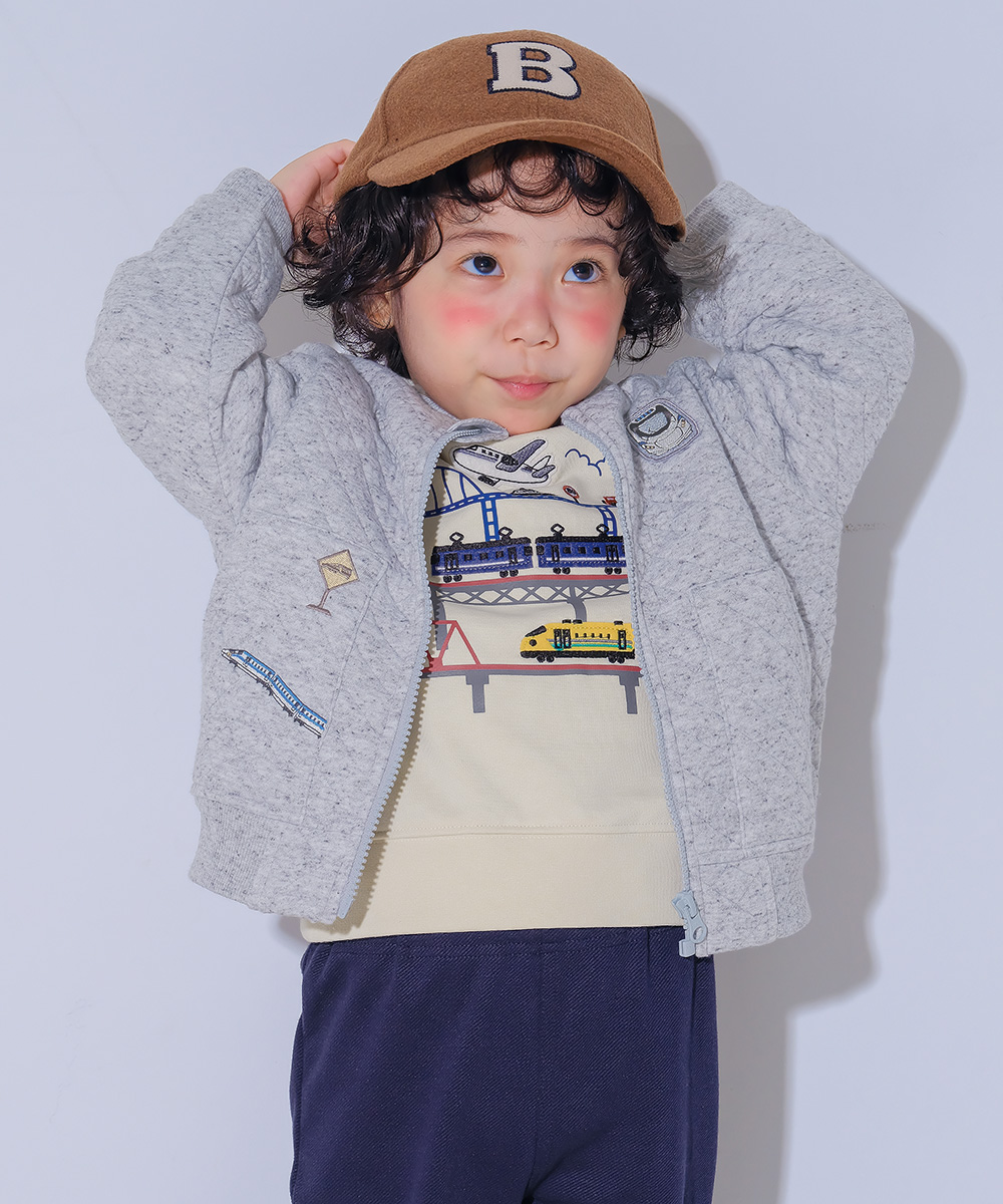 ベビー服 男の子 電車乗り物ワッペン キルティング　パーカージャケット 杢ｸﾞﾚｰ(92) モデル画像2