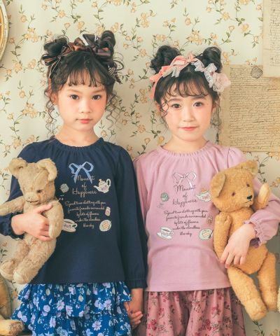 子供服 女の子 ティーカップ ＆ スイーツ ロゴ 刺繍 袖フリル Tシャツ