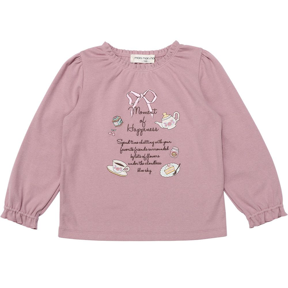 子供服 女の子 ティーカップ ＆ スイーツ ロゴ 刺繍 袖フリル Tシャツ ピンク(02) 正面