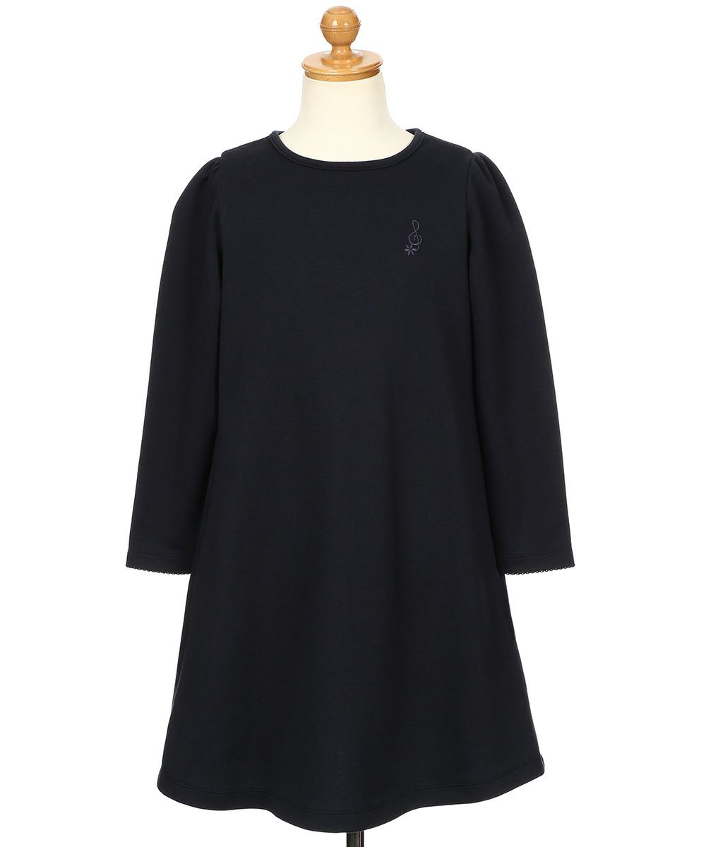 子供服 女の子 ダブルニット音符刺繍 リボンつき フレア ワンピース ネイビー(06) トルソー正面