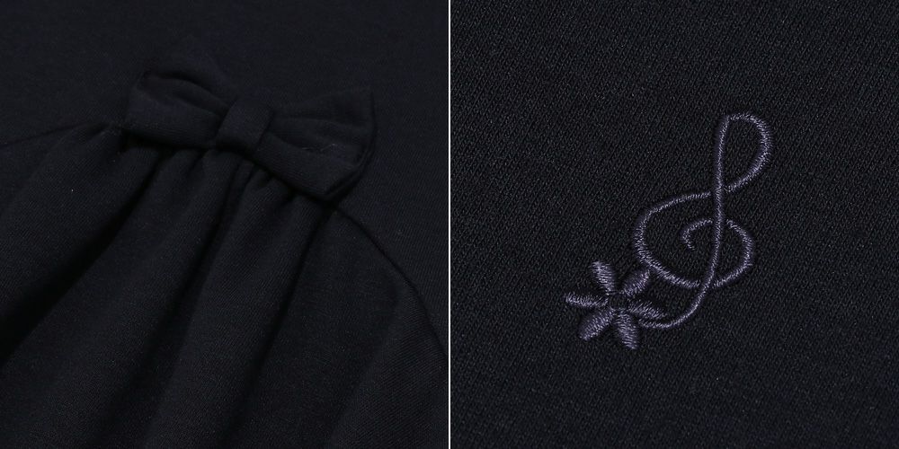 子供服 女の子 ダブルニット音符刺繍 リボンつき フレア ワンピース ネイビー(06) デザインポイント1