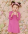 ベビー服 女の子 ダブルニット 音符刺繍 リボン フレア Aライン ワンピース ピンク(02) モデル画像アップ