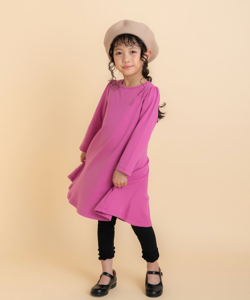 ベビー服 女の子 音符刺繍 リボン フレア Aライン ワンピース ピンク(02) モデル画像全身