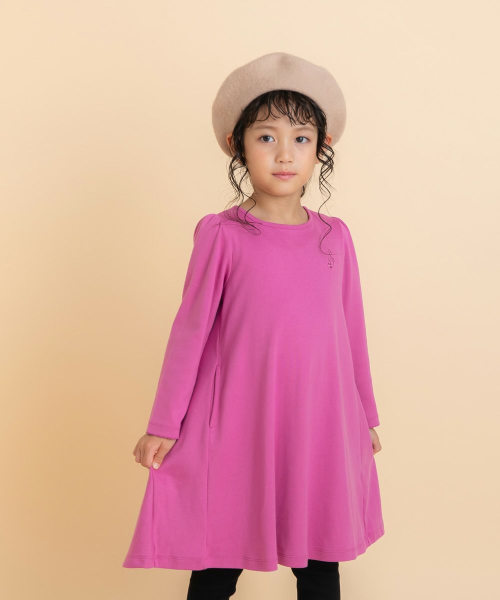 ベビー服 女の子 音符刺繍 リボン フレア Aライン ワンピース ピンク(02) モデル画像1