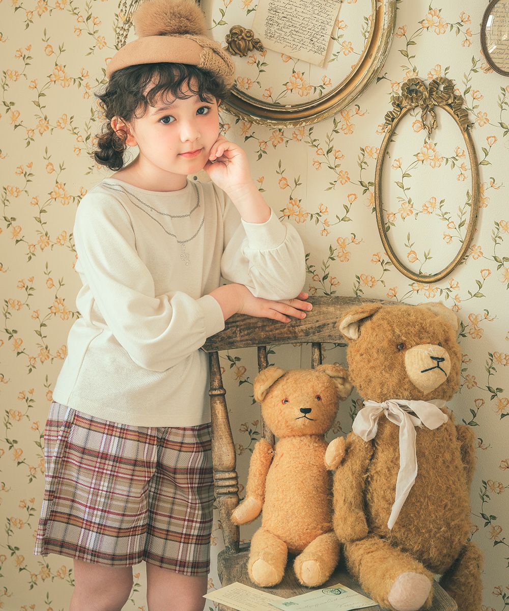 子供服 女の子 モダン チェック柄 ポケットつき キュロットパンツ ベージュ(51) モデル画像1