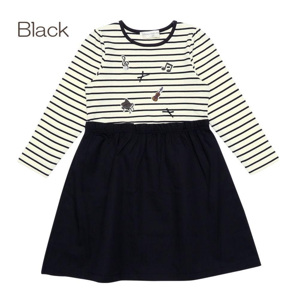 ベビー服 女の子 音楽会モチーフ ボーダー柄 ドッキングワンピース ホワイト×ブラック(10) 正面
