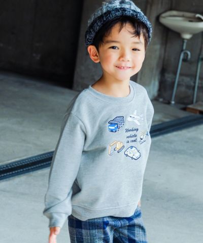 ベビー服 男の子 乗り物ワッペン＆ロゴ刺繍入り 乗り物シリーズ裏毛トレーナー