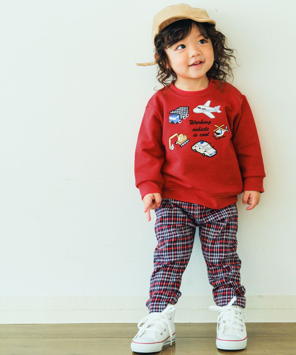 ベビー服 男の子 乗り物ワッペン＆ロゴ刺繍入り 乗り物シリーズ裏毛トレーナー レッド(03) モデル画像1