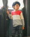 子供服 男の子 ロゴ刺繍 トリコロール トレーナー レッド(03) モデル画像アップ