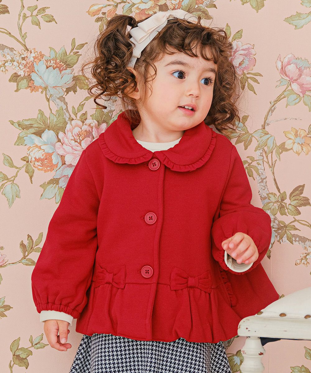 ベビー服 女の子 子ども服 こども服 キッズ ジュニア 羽織り 裏毛起毛 フリル リボン ボタン レッド(03) モデル画像アップ