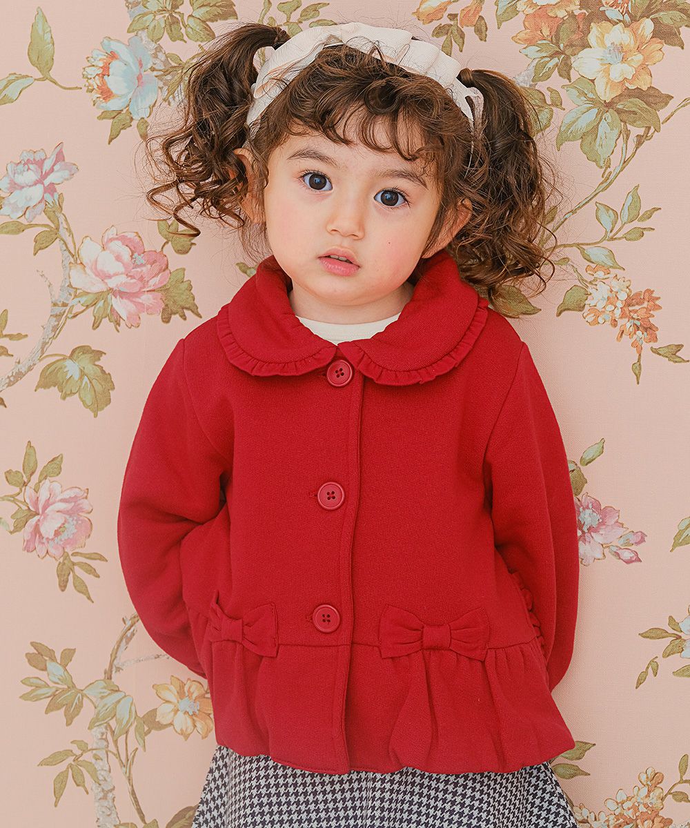 ベビー服 女の子 子ども服 こども服 キッズ ジュニア 羽織り 裏毛起毛 フリル リボン ボタン レッド(03) モデル画像1