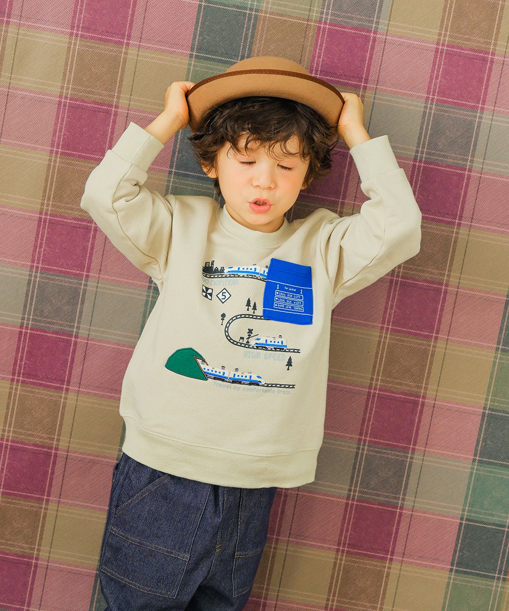 ベビー服 男の子 乗り物 電車 トンネル ポケット ロゴプリント トレーナー ベージュ(51) モデル画像全身