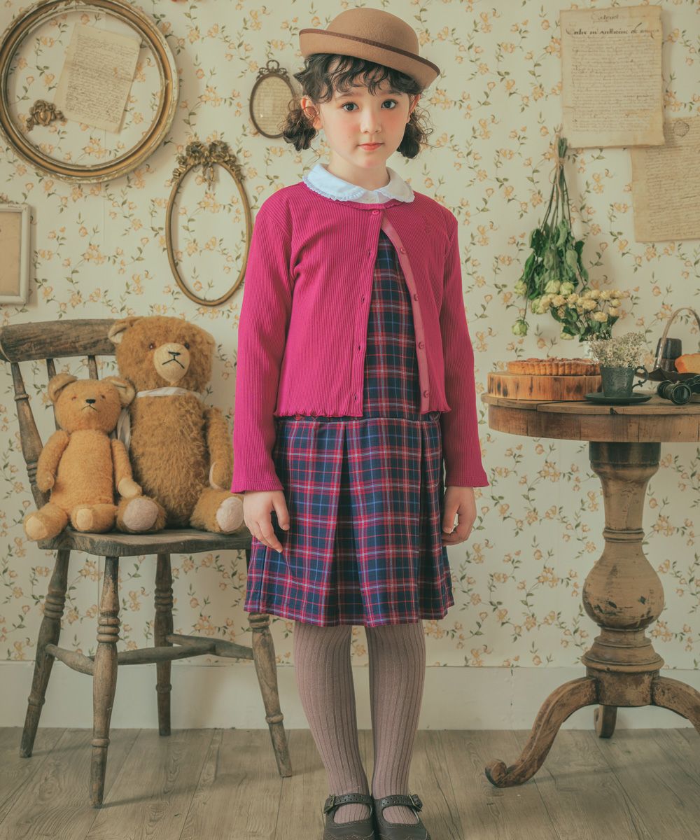 子供服 女の子 オリジナルチェック柄 リボンつき ワンピース ネイビー(06) モデル画像2