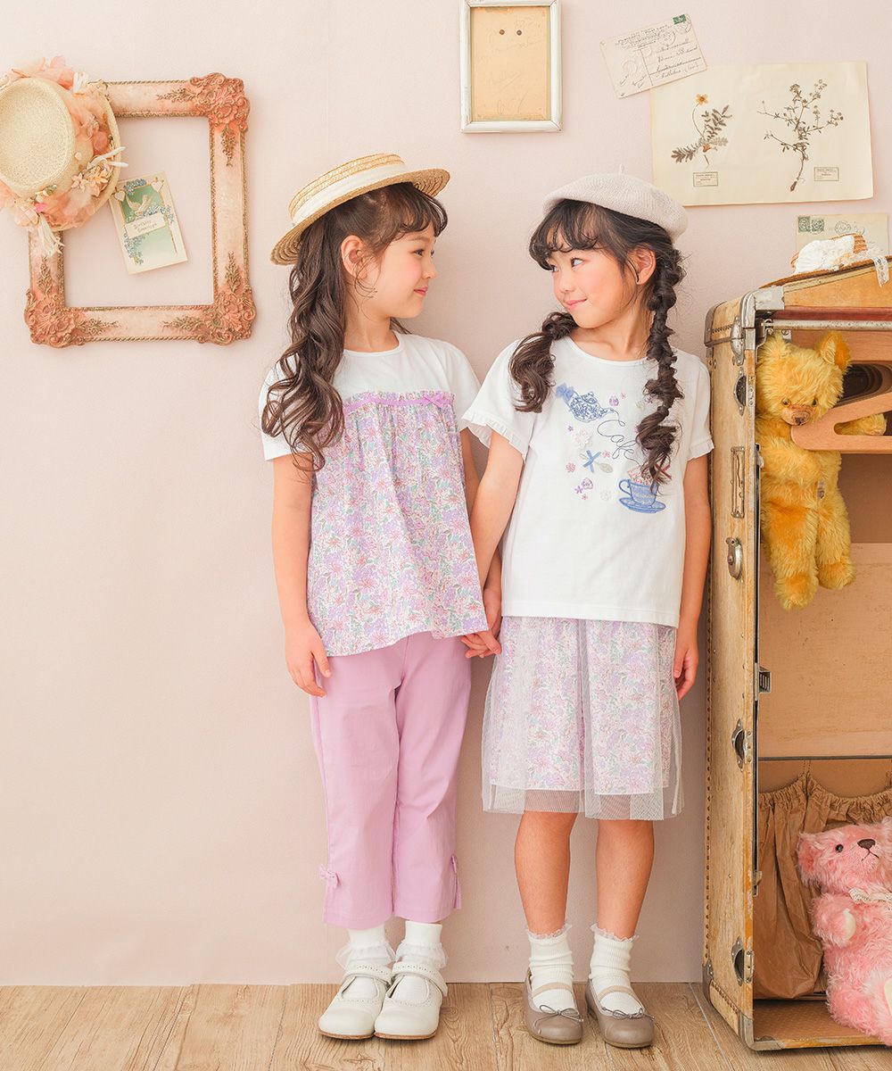 子供服 女の子 音符 ロゴ リボン付き 七分丈ストレッチパンツ パープル(91) モデル画像2