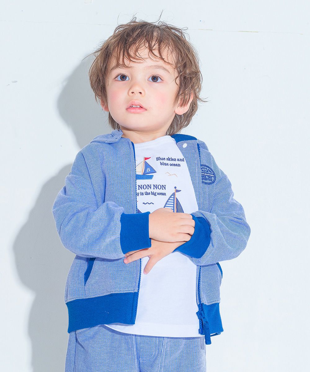 ベビー服 男の子 ストライプ柄 ロゴワッペン フード取り外し可能 パーカー ブルー(61) モデル画像アップ