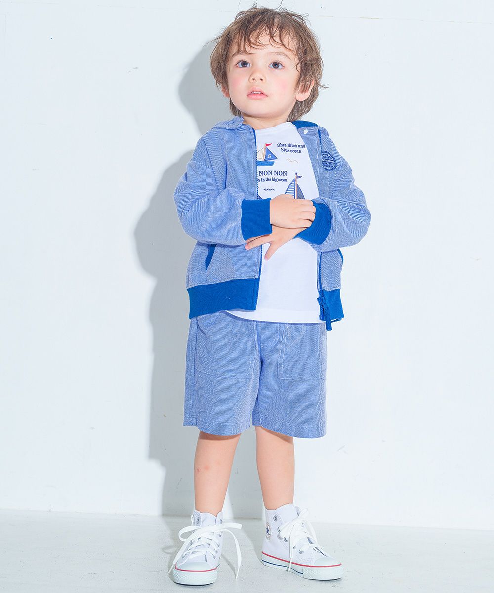 ベビー服 男の子 ストライプ柄 ロゴワッペン フード取り外し可能 パーカー ブルー(61) モデル画像全身