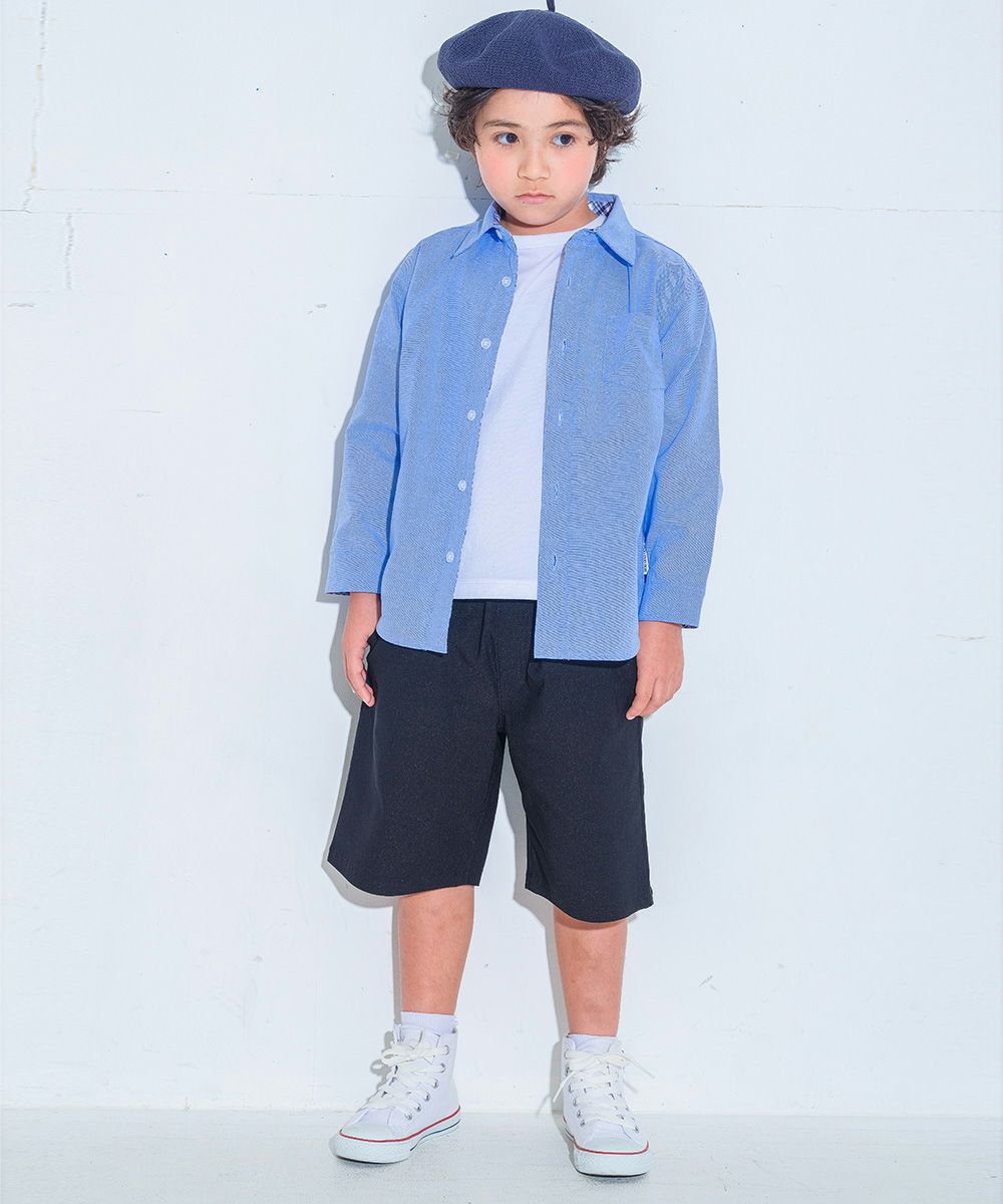 子供服 男の子 チェック柄切り替え ボタン シャツ ブルー(61) モデル画像全身