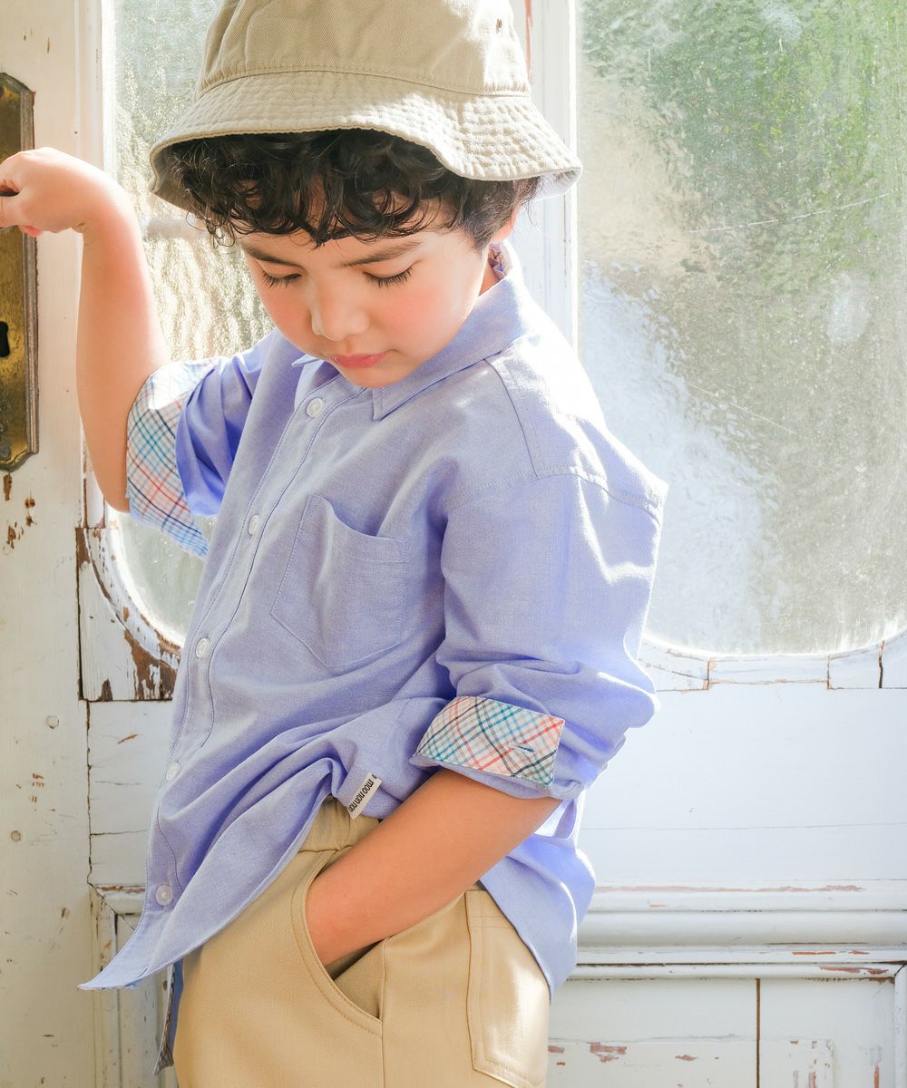 子供服 男の子 チェック柄切り替え ボタン シャツ ブルー系(63) モデル画像アップ