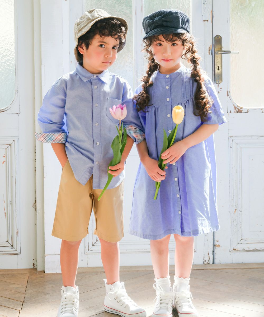 子供服 男の子 チェック柄切り替え ボタン シャツ ブルー系(63) モデル画像3