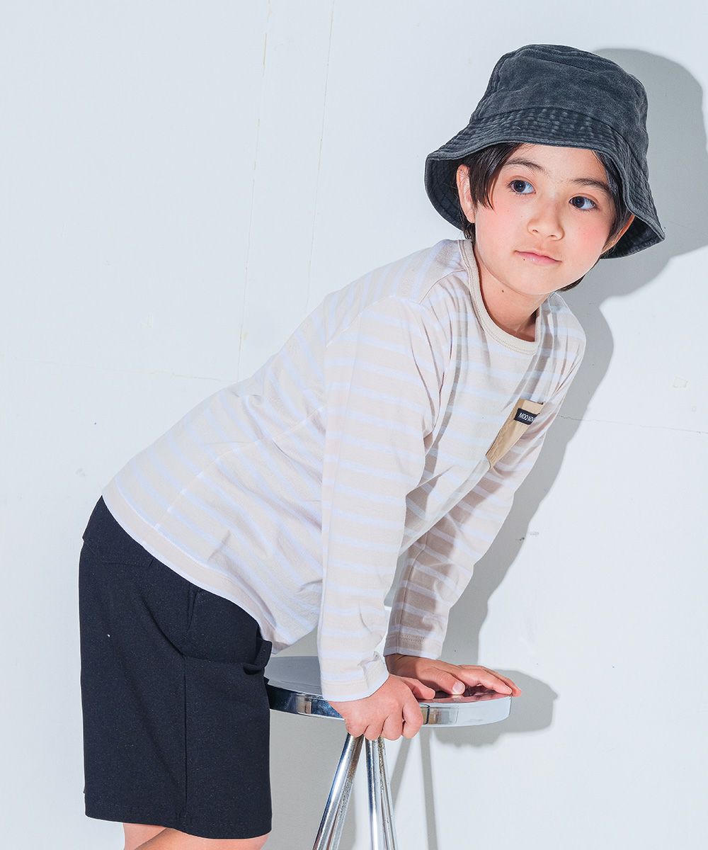 ベビー服 男の子 綿100％ ボーダー ロゴ ポケットつき Tシャツ ベージュ(51) モデル画像2