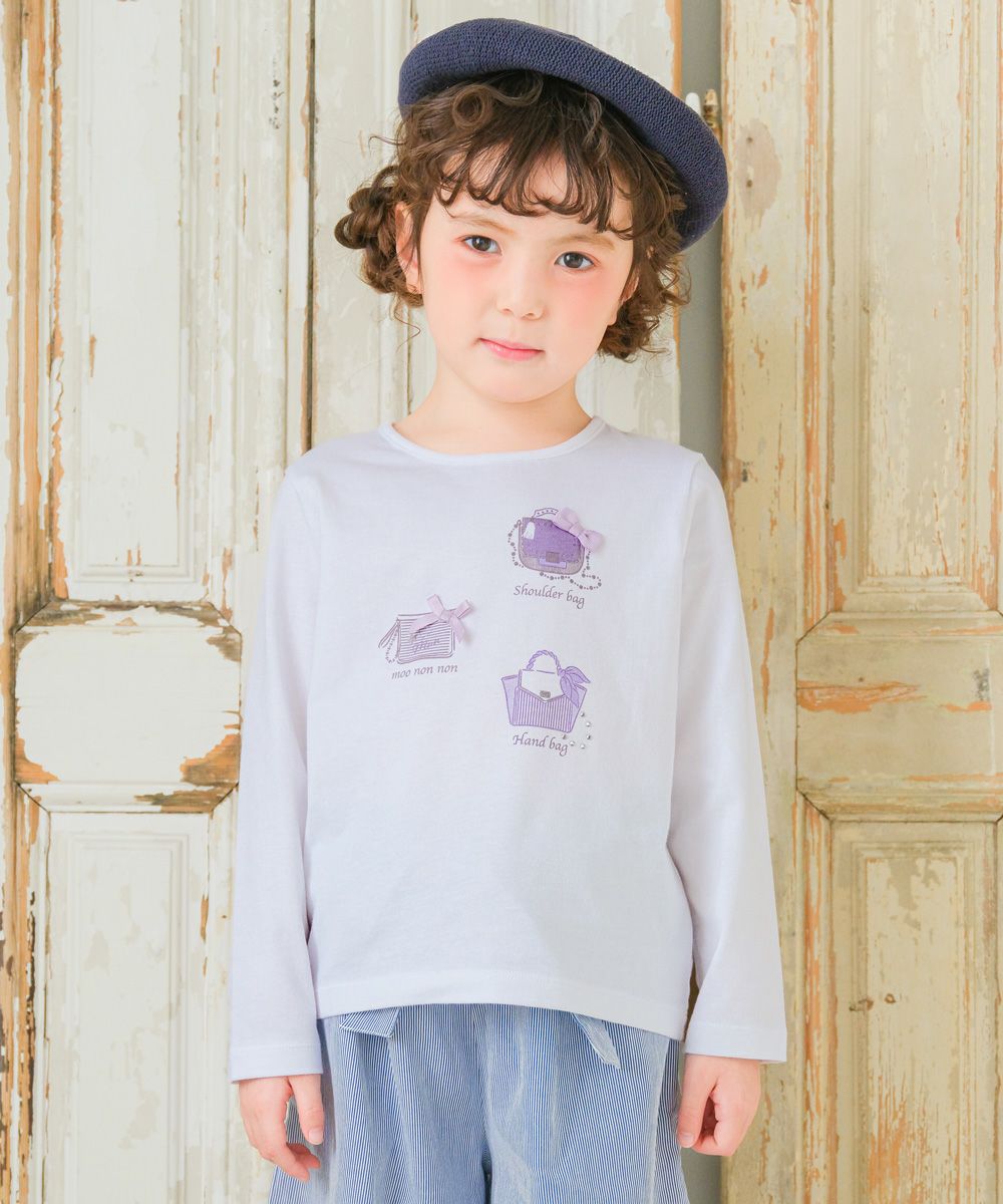 子供服 女の子 こども服 子ども服 綿100％ ロンT トドラー キッズ ジュニア ラメ きらきら リボン モチーフ プリント オフホワイト(11) モデル画像アップ