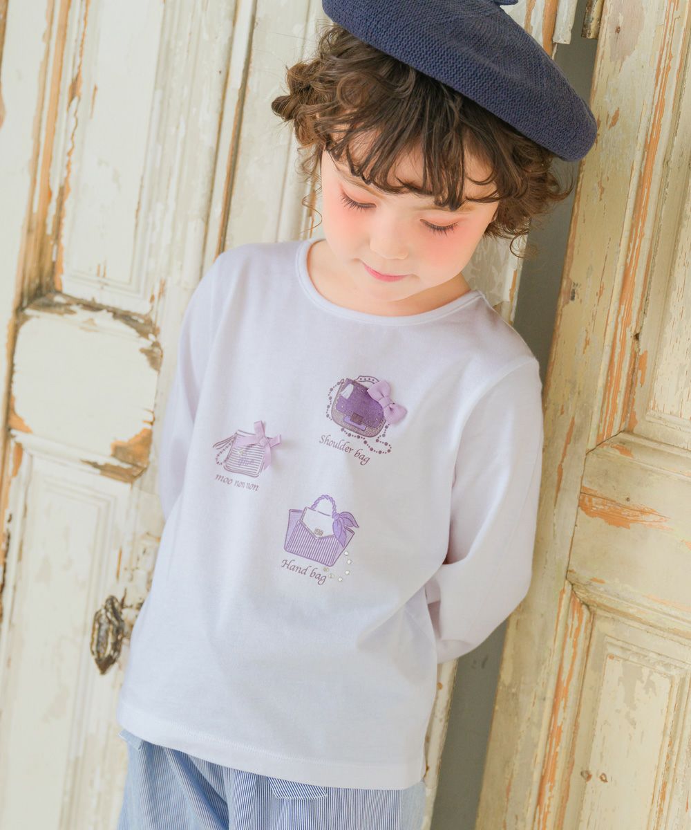 子供服 女の子 こども服 子ども服 綿100％ ロンT トドラー キッズ ジュニア ラメ きらきら リボン モチーフ プリント オフホワイト(11) モデル画像1