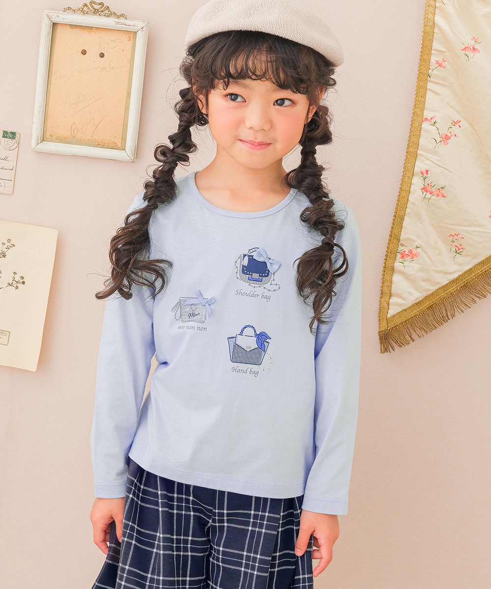 子供服 女の子 こども服 子ども服 綿100％ ロンT トドラー キッズ ジュニア ラメ きらきら リボン モチーフ プリント ブルー(61) モデル画像アップ