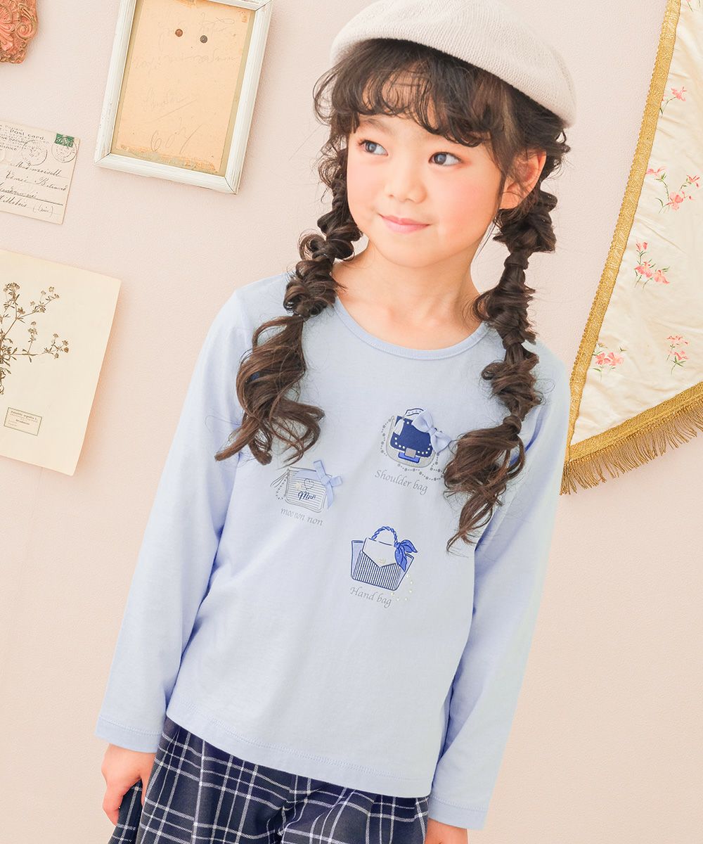 子供服 女の子 こども服 子ども服 綿100％ ロンT トドラー キッズ ジュニア ラメ きらきら リボン モチーフ プリント ブルー(61) モデル画像1