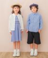 子供服 女の子 子ども服 こども キッズ ジュニア ストライプ 襟付き ドッキングワンピース ワンピ 音符刺繍 ブルー(61) モデル画像全身