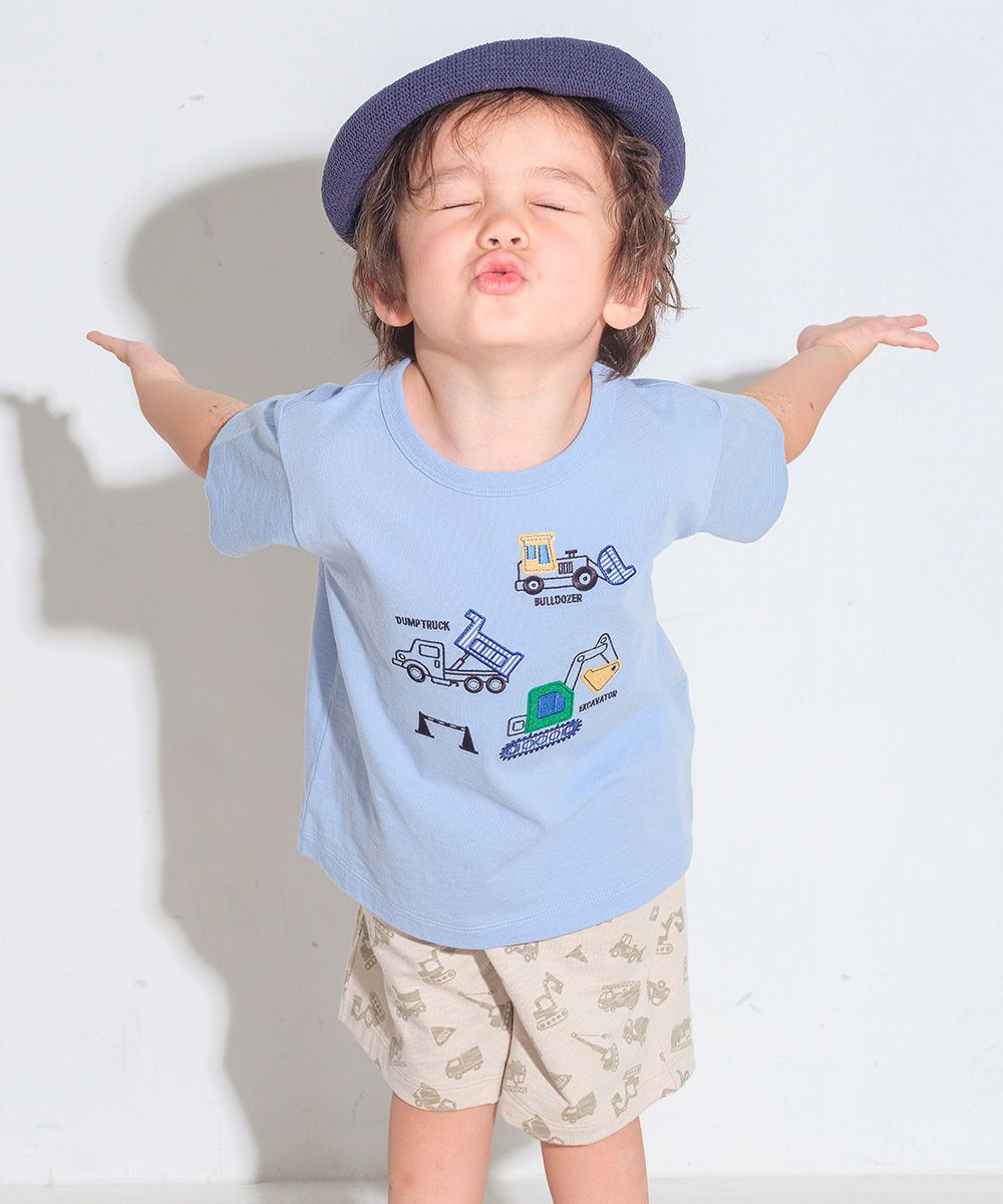 ベビー服 男の子 綿100％ 働く車 刺繍 ワッペン Tシャツ ブルー(61) モデル画像1