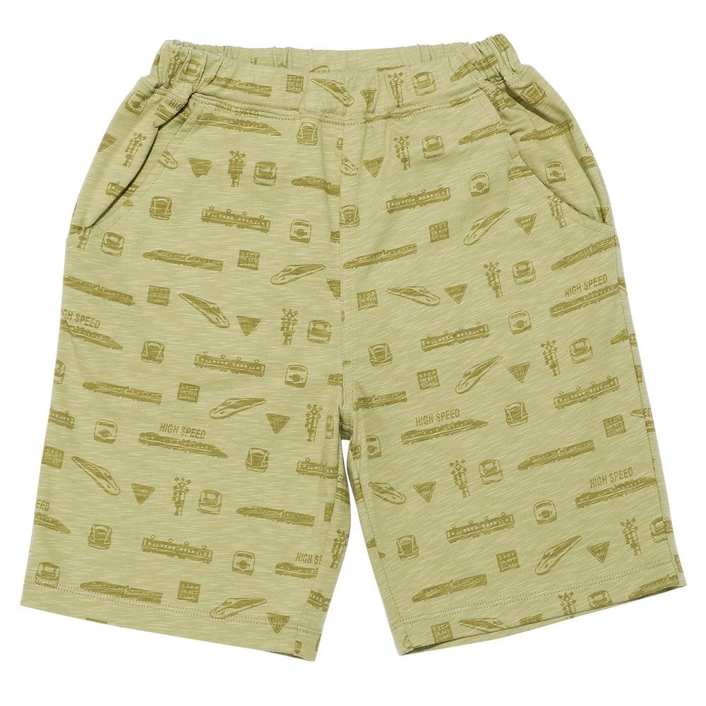 ベビー服 男の子 綿100％ 電車 プリント ハーフパンツ カーキ(82) 正面
