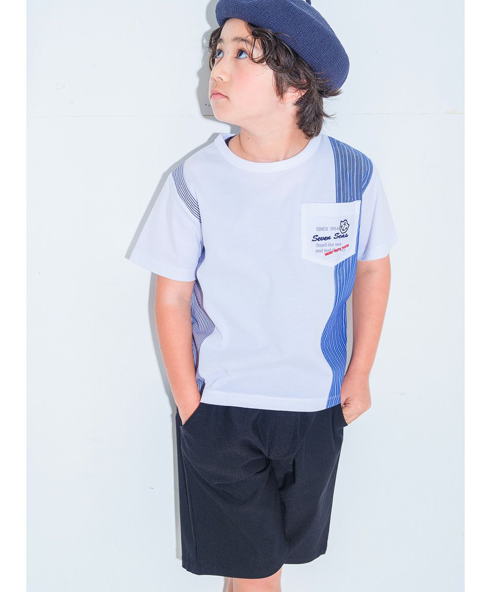 子供服 男の子 綿１００％ ストライプ柄 Tシャツ オフホワイト(11) モデル画像アップ