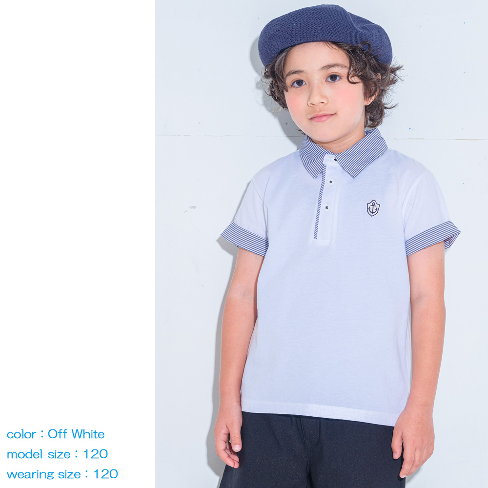 ベビー服 男の子 綿100％ 子ども服 こども キッズ ジュニア コットン ストライプ 襟付き　ロゴワッペン　ティーシャツ ネイビー(06) デザインポイント1