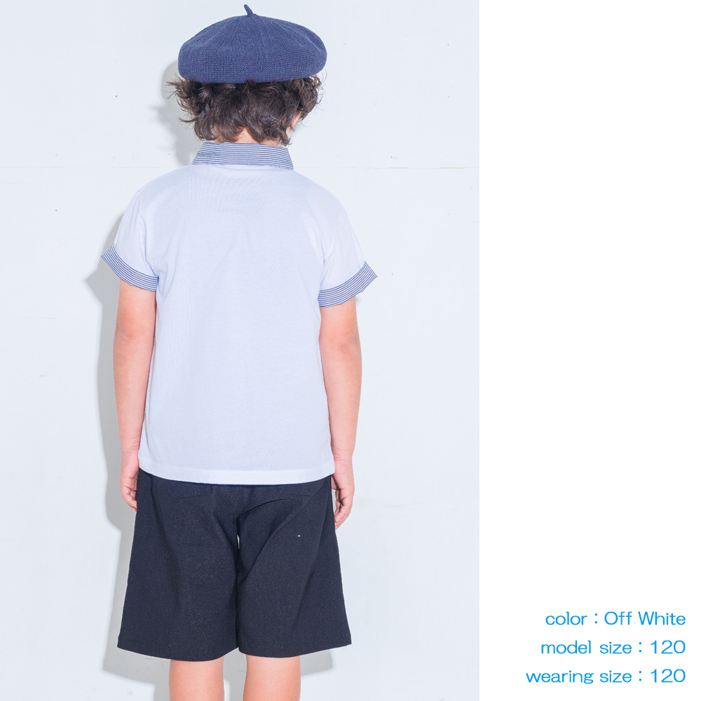 ベビー服 男の子 綿100％ 子ども服 こども キッズ ジュニア コットン ストライプ 襟付き　ロゴワッペン　ティーシャツ ネイビー(06) デザインポイント2