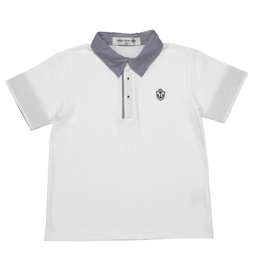 ベビー服 男の子 綿100％ 子ども服 こども キッズ ジュニア コットン ストライプ 襟付き　ロゴワッペン　ティーシャツ オフホワイト(11) 正面