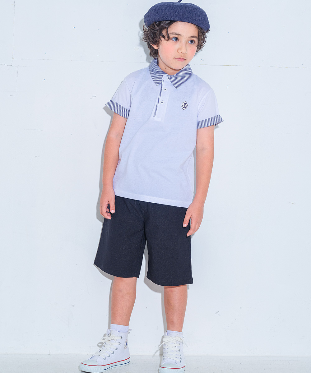 ベビー服 男の子 綿100％ 子ども服 こども キッズ ジュニア コットン ストライプ 襟付き　ロゴワッペン　ティーシャツ オフホワイト(11) 正面