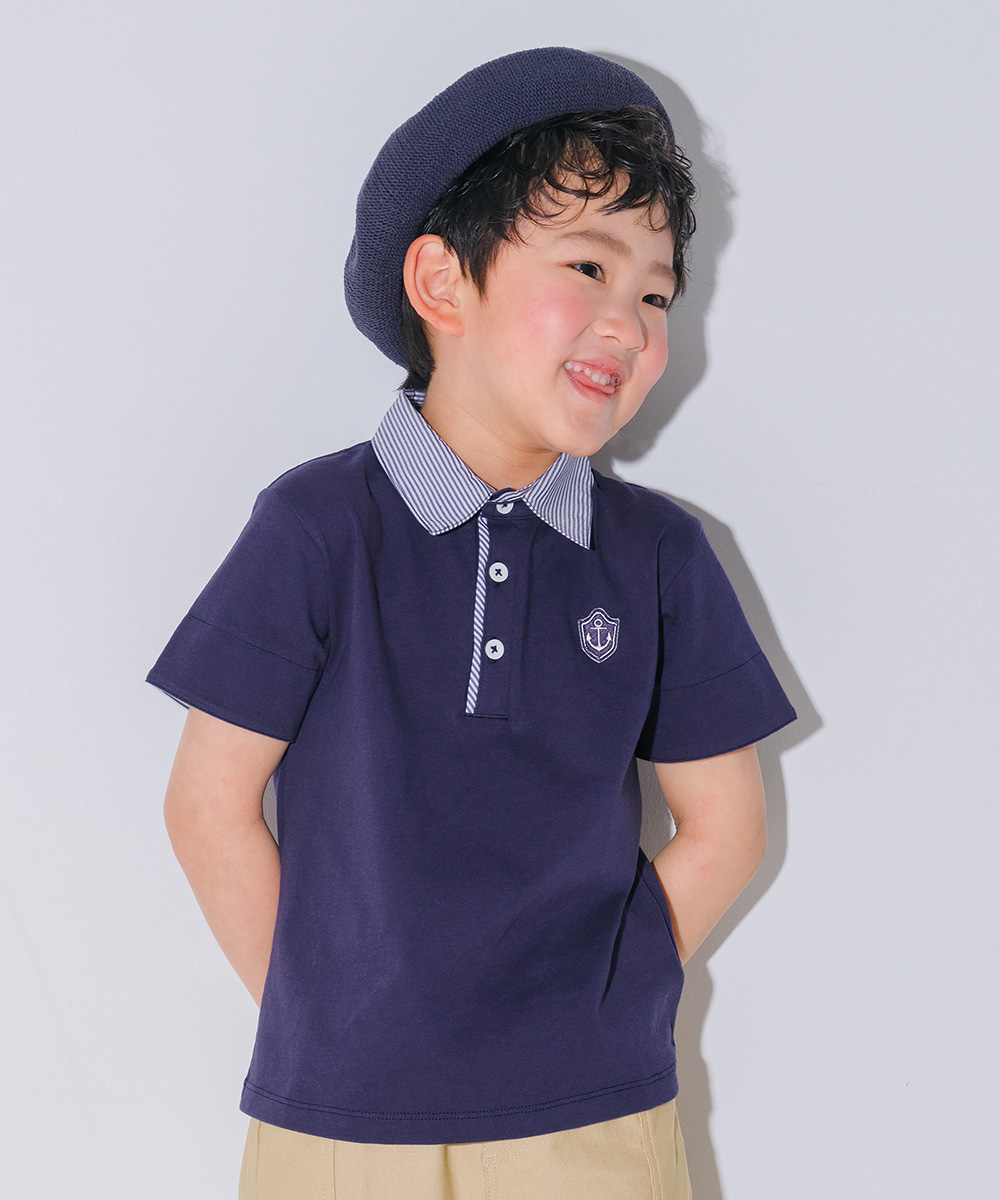 ベビー服 男の子 綿100％ 子ども服 こども キッズ ジュニア コットン ストライプ 襟付き　ロゴワッペン　ティーシャツ オフホワイト(11) 背面